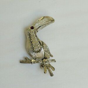 Vintage BSK Crested Toucan Bird Brooch Pin Rhinestone Eye Silver Tone Gift